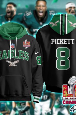 Philadelphia Eagles Pickett 8 Super Bowl LIX Champions Black Hoodie Genxprint