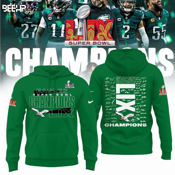 Philadelphia Eagles Signatures Super Bowl LIX Champions Green Hoodie Genxprint
