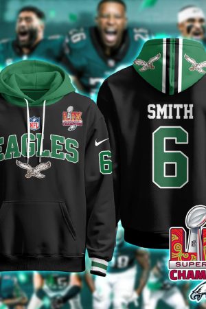 Philadelphia Eagles Smith 6 Super Bowl LIX Champions Black Hoodie Genxprint