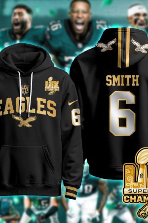 Philadelphia Eagles Smith 6 Super Bowl LIX Champions Gold Black Gold Hoodie Genxprint