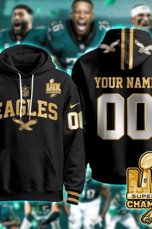 Philadelphia Eagles Super Bowl LIX Champions Custom Black Gold Hoodie Genxprint