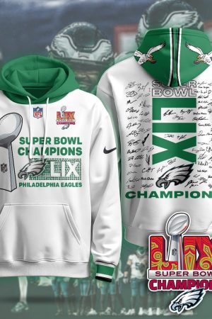 Philadelphia Eagles Super Bowl LIX Champions NFL White Hoodie Genxprint