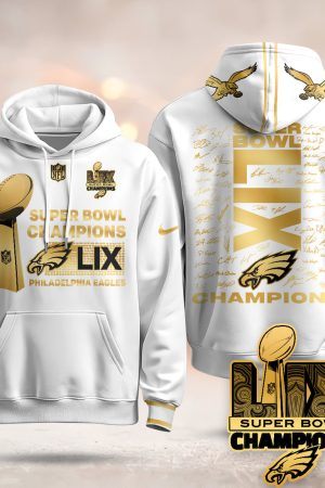 Philadelphia Eagles Super Bowl LIX Champions Roster Signing Gold White Gold Hoodie Genxprint