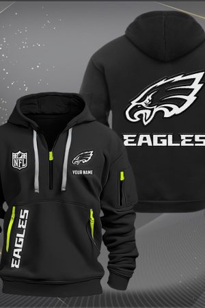Philadelphia Eagles White Logo NFL Quarter Zip Hoodie Genxprint