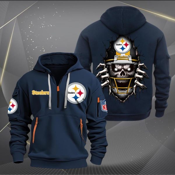 Pittsburgh Steelers Football Player Skull Quarter Zip Hoodie Genxprint - Image 2