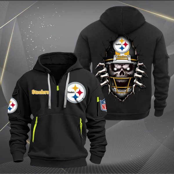 Pittsburgh Steelers Football Player Skull Quarter Zip Hoodie Genxprint - Image 3