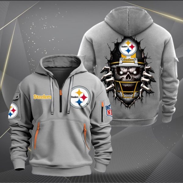 Pittsburgh Steelers Football Player Skull Quarter Zip Hoodie Genxprint - Image 5