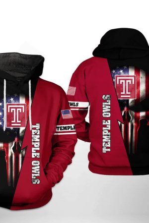 Temple Owls NCAA US Flag Skull Hoodie Genxprint