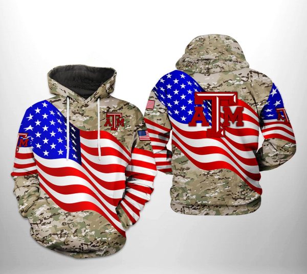 Texas A&M Aggies NCAA US Flag Camo Veteran Hoodie Genxprint