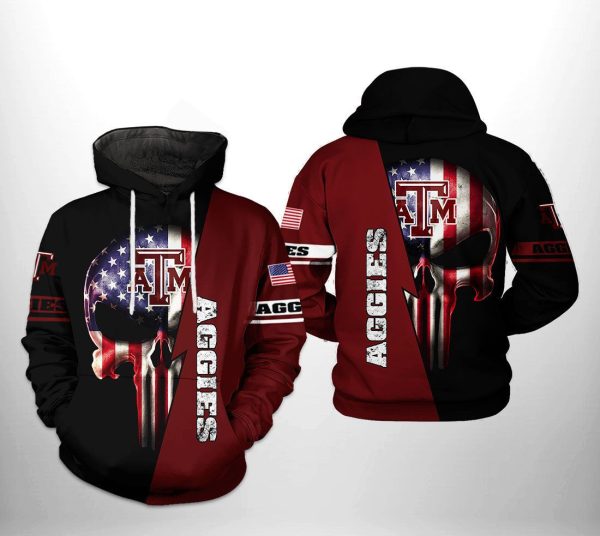 Texas A&M Aggies NCAA US Flag Skull Hoodie Genxprint