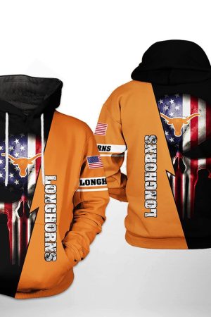 Texas Longhorns NCAA US Flag Skull Hoodie Genxprint