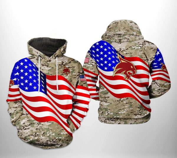 Texas State Bobcats NCAA US Flag Camo Veteran Hoodie Genxprint