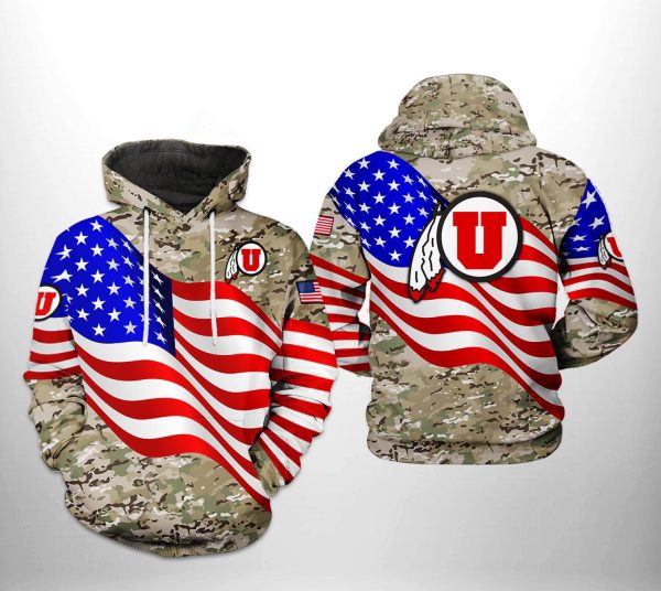 Utah Utes NCAA US Flag Camo Veteran Hoodie Genxprint