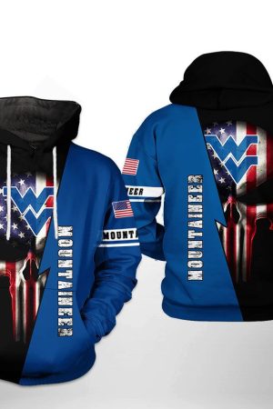 West Virginia Mountaineer NCAA US Flag Skull Hoodie Genxprint