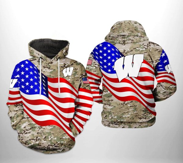 Wisconsin Badgers NCAA US Flag Camo Veteran Hoodie Genxprint