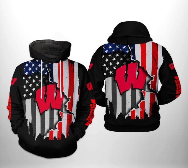 Wisconsin Badgers NCAA US Flag Hoodie Genxprint