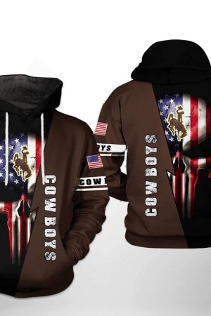 Wyoming Cowboys NCAA US Flag Skull Hoodie Zip Hoodie Genxprint